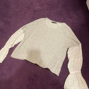XS Generation love grey sweatshirt with white lace sleeves.